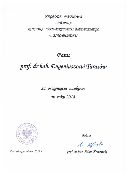 Profesor Eugeniusz Tarasów uhonorowany Nagrodą Naukową